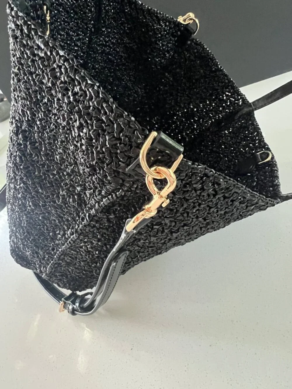 TORY BURCH Emerson Lacquered BLACK Raffia Small Tote